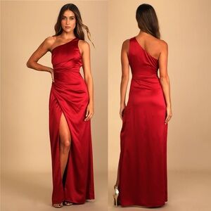Dreaming of Elegance Wine Red Satin One-Shoulder Maxi Dress from Lulus
